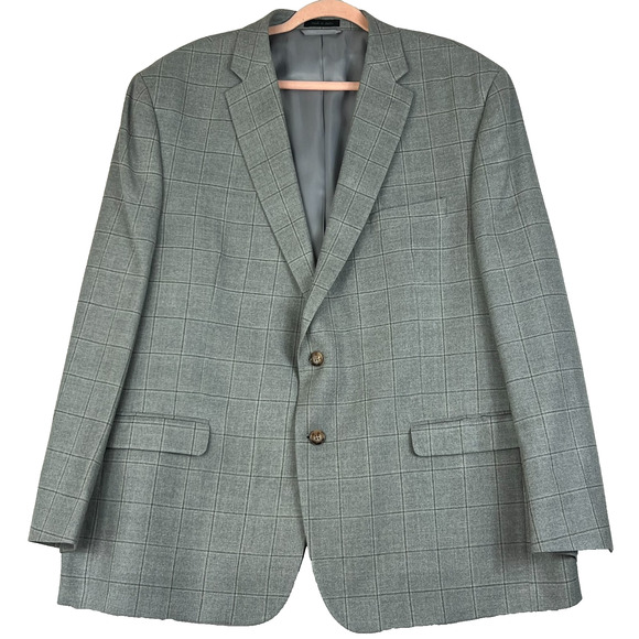 Lauren Ralph Lauren Blazer Suit Jacket Mens 48 R Gray Silk Wool Plaid Windowpane - Picture 1 of 12